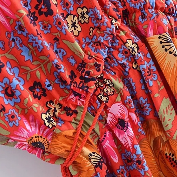 Red Lovebird Boho Floral Flare Maxi Dress W/Empire Waist Tassels&Batwing Sleeves - Picture 10 of 15